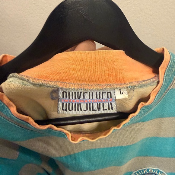 80s Quiksilver Vintage Striped Men’s Blue/Grey Patched Surf Shirt L 24x26 - Picture 5 of 7